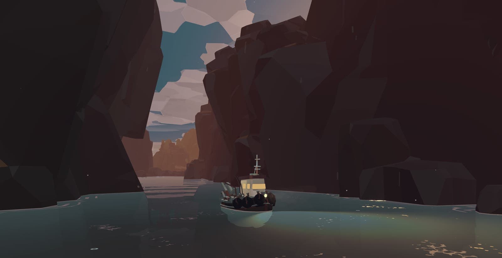 A small fishing boat exploring steep cliffs in DREDGE