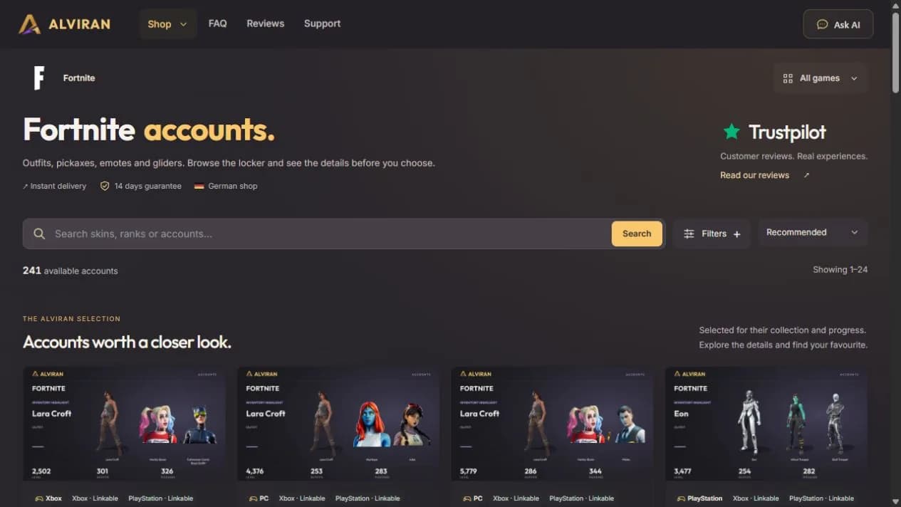 Originalansicht der Fortnite-Kategorie bei ALVIRAN mit Outfit-Sammlungen und Account-Details