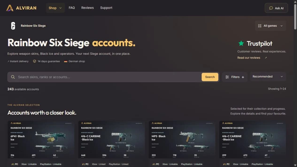 Originalansicht des ALVIRAN Rainbow-Six-Siege-Shops mit Suchfunktion und Black-Ice-Angeboten