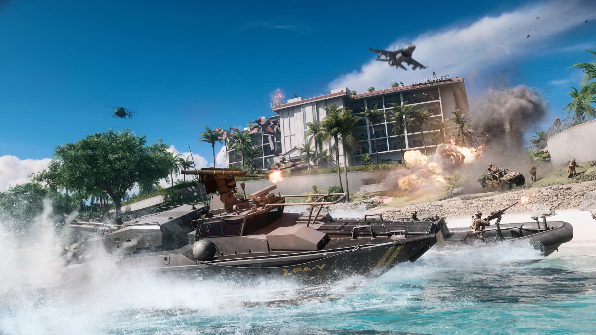 Official Battlefield 6 Season 4 gameplay screenshot showing boats, soldiers and aircraft at Tsuru Reef