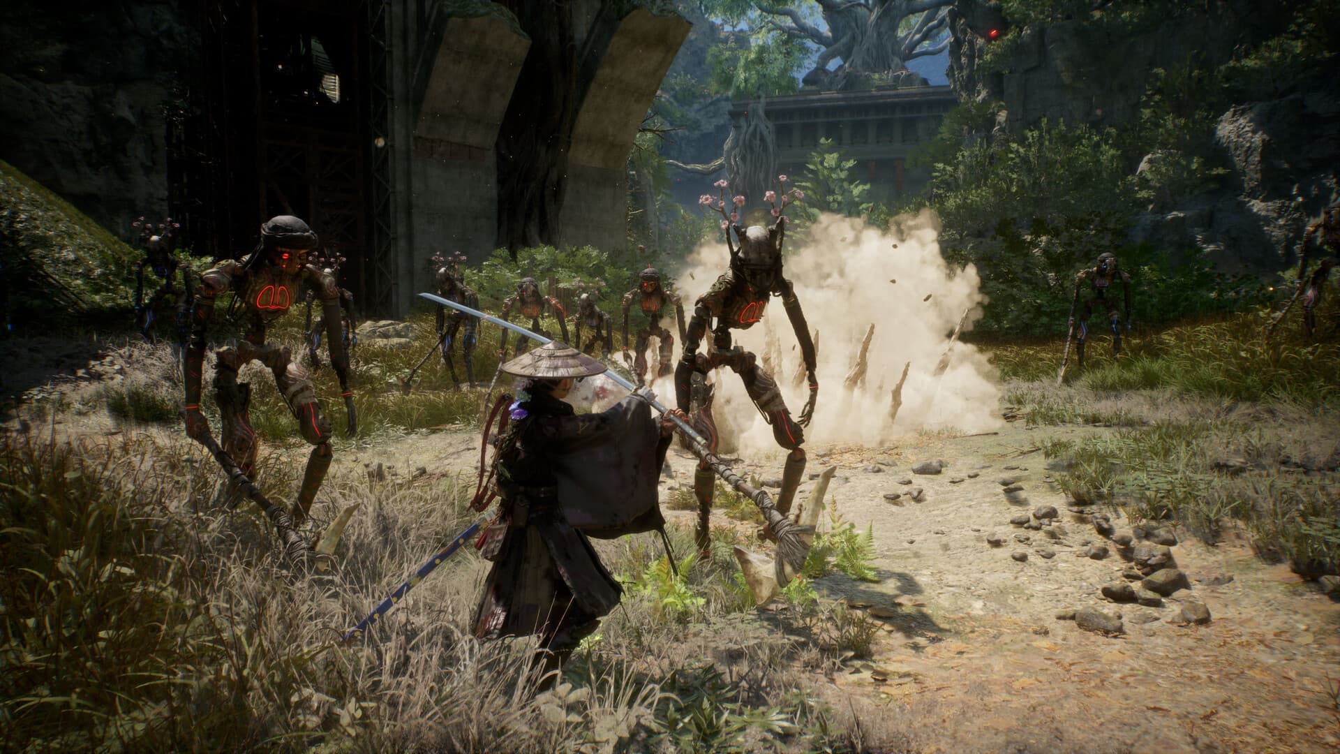 Official Beast of Reincarnation gameplay screenshot showing Emma fighting mechanical enemies