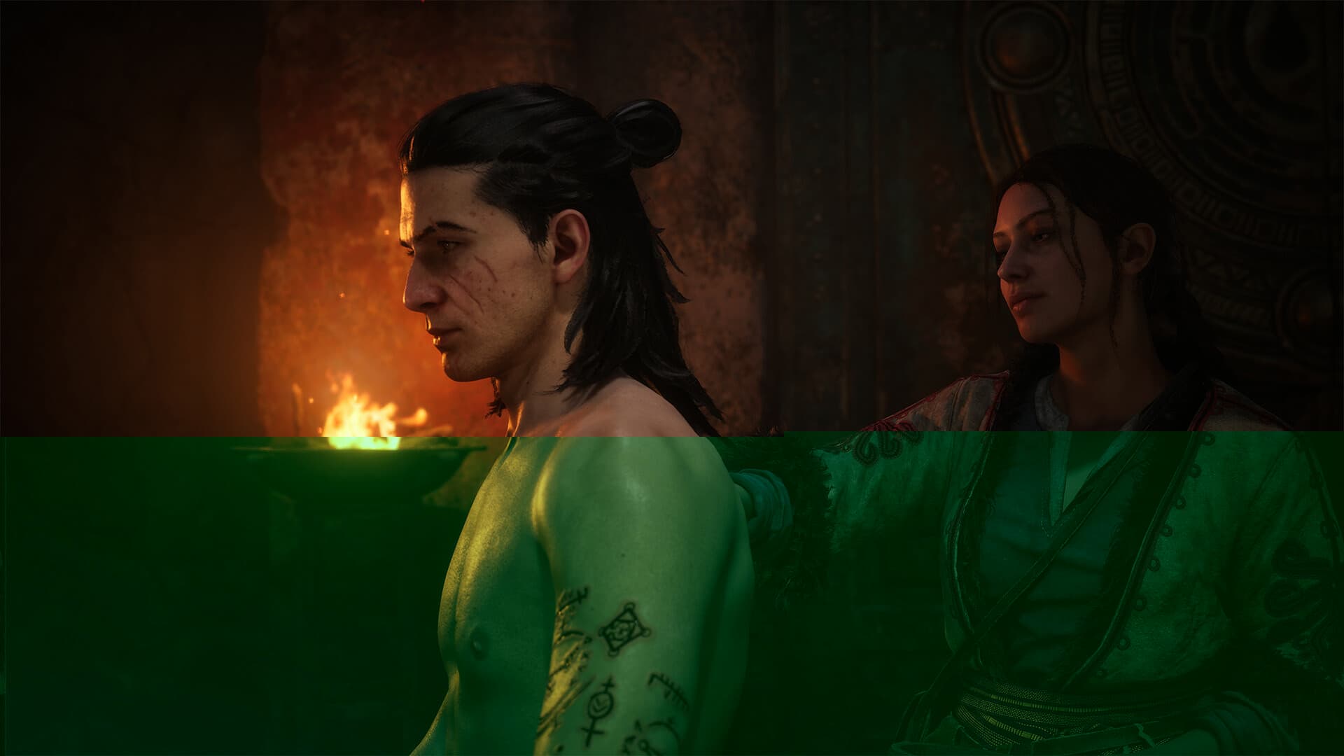 Official Blood of Dawnwalker screenshot showing the hero Coen with ritual markings on his arm beside a woman in a torch lit room