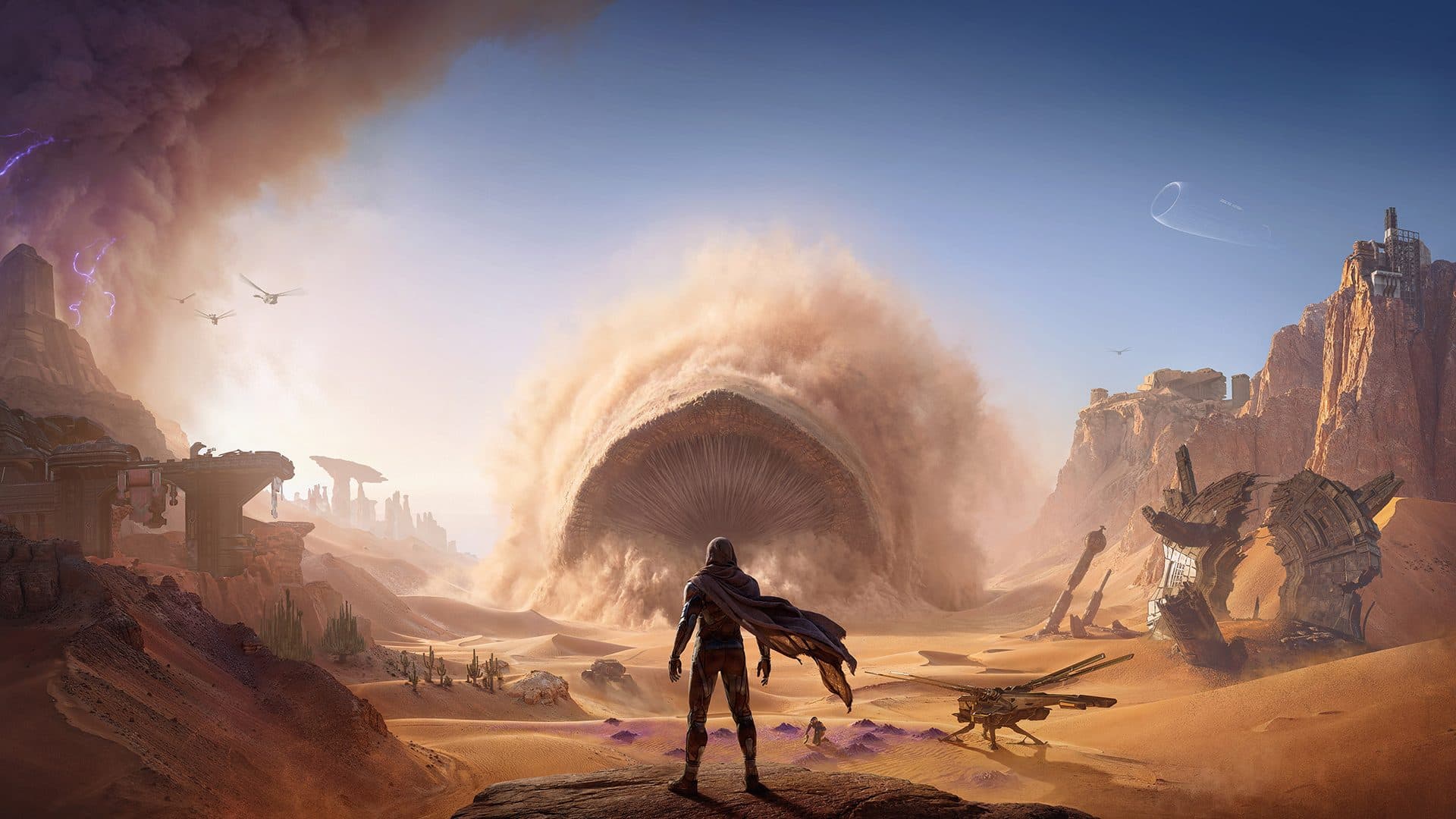 Official Dune Awakening artwork showing an armored figure crossing the desert on Arrakis
