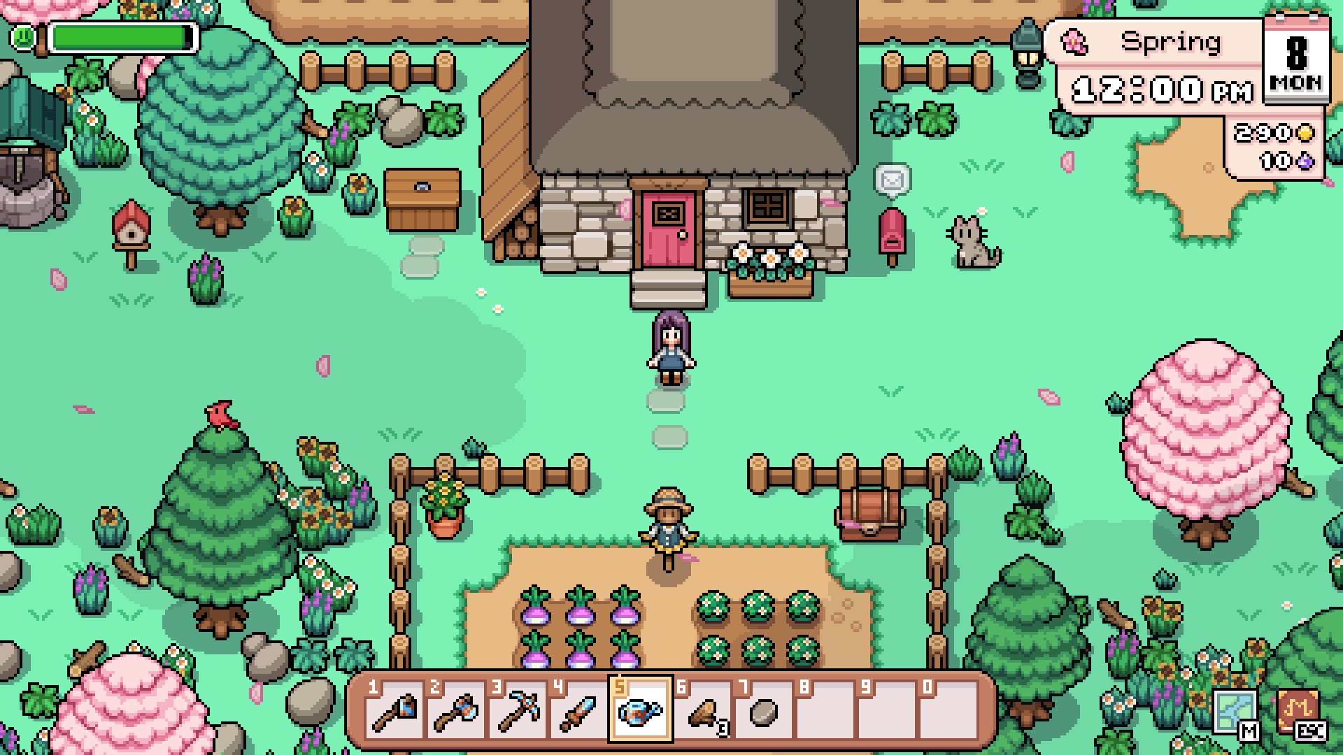 Official Fields of Mistria gameplay screenshot showing a spring farm, character and animals