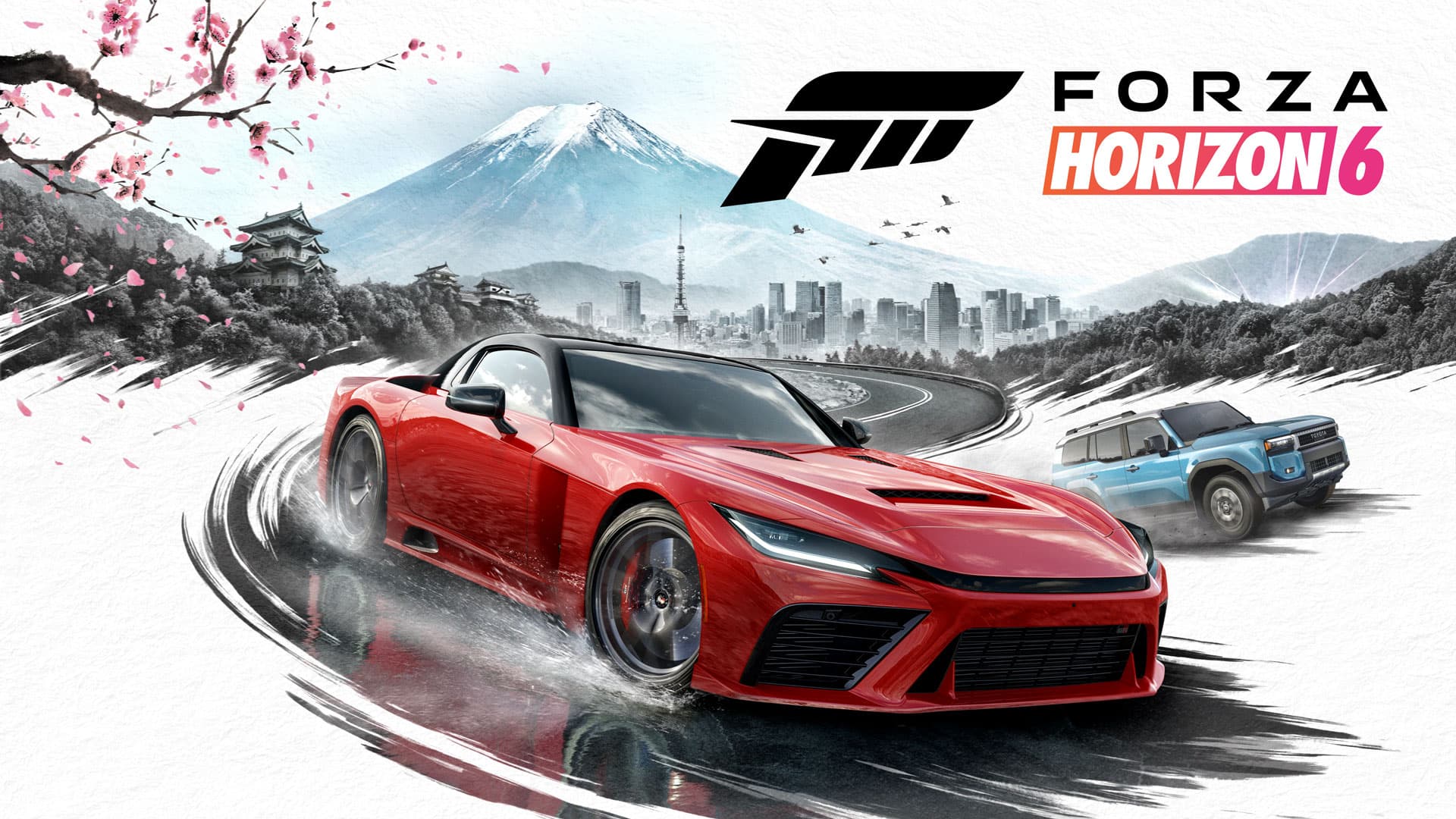 Official Forza Horizon 6 key art showing cars driving through the game's interpretation of Japan