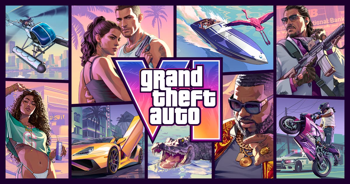Official Grand Theft Auto VI key art showing Jason, Lucia, vehicles and Leonida scenes