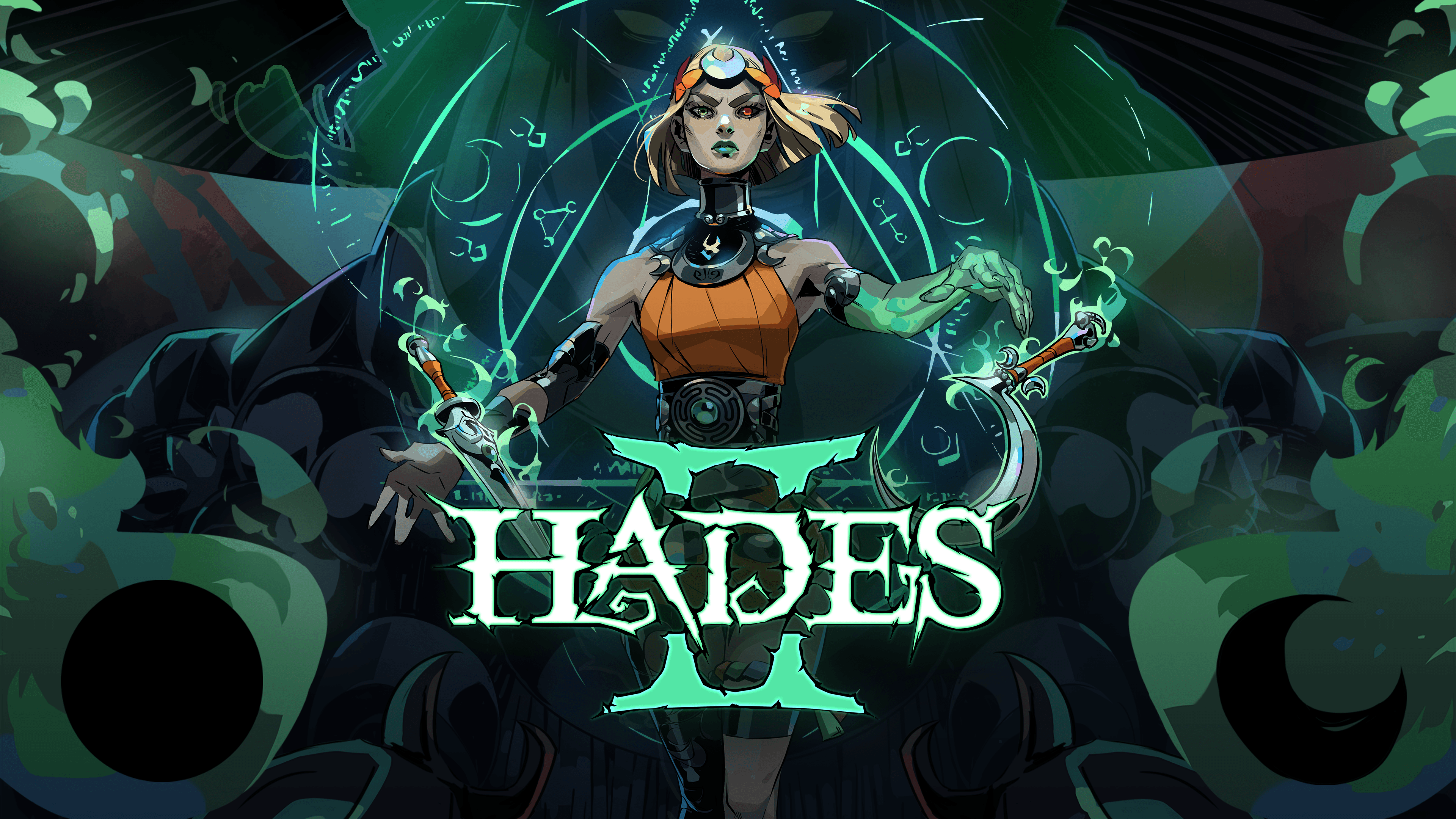 Official Hades II key art showing Melinoe with green magic in the Underworld