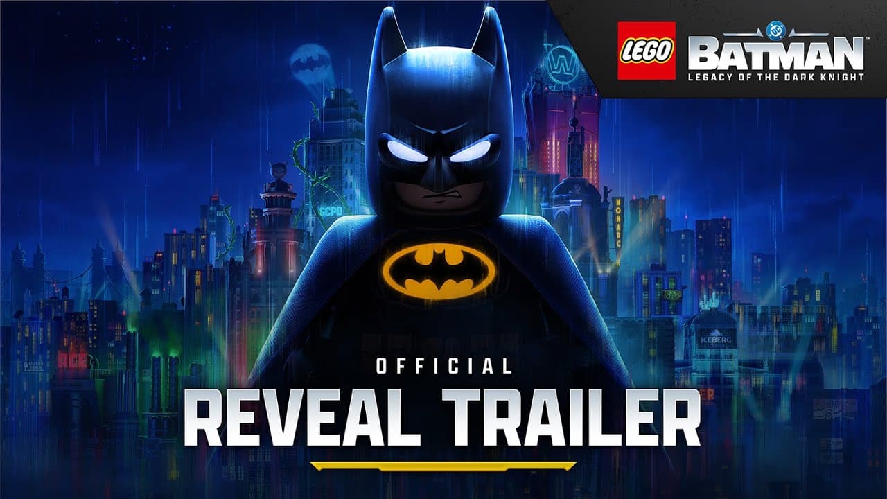 Official LEGO Batman Legacy of the Dark Knight artwork showing LEGO Batman in Gotham City