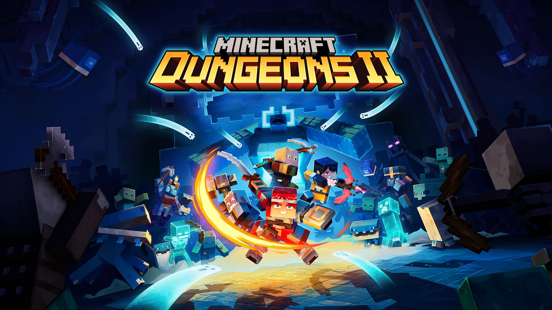 Official Minecraft Dungeons II key art showing heroes fighting through a blue lit dungeon