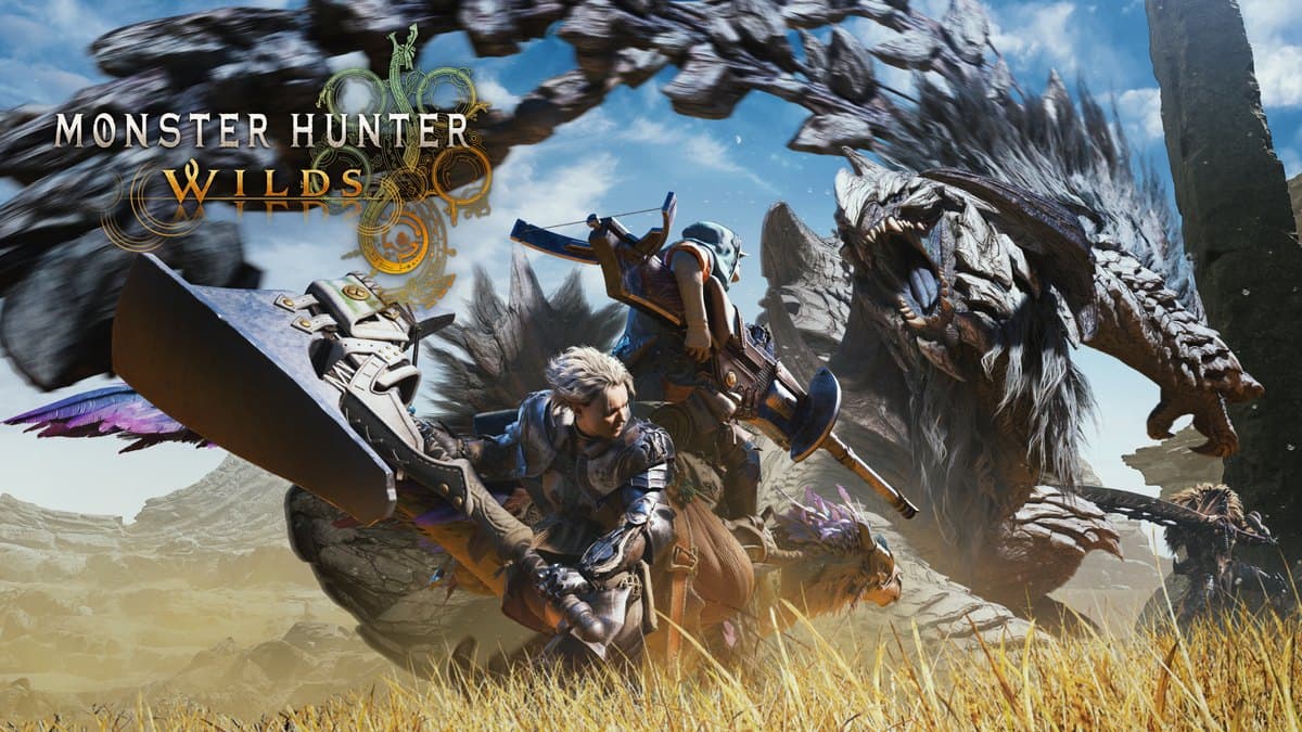 Official Monster Hunter Wilds Switch 2 key art showing hunters and large monsters