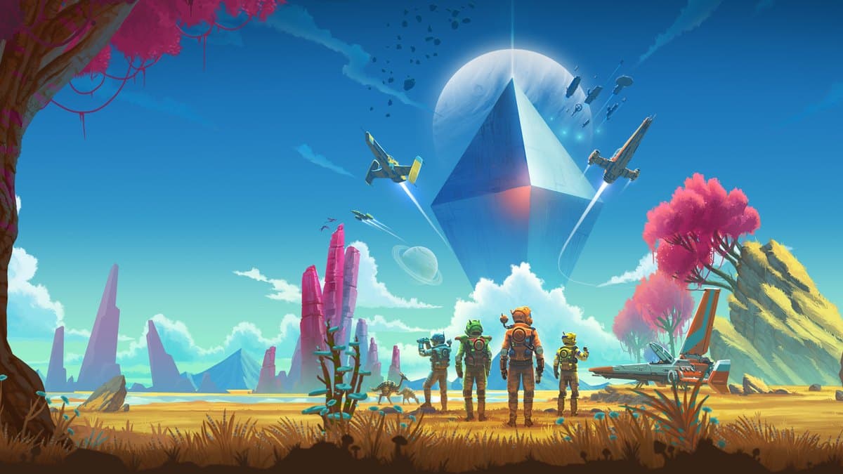 Official No Man's Sky artwork showing four travellers beneath the Atlas