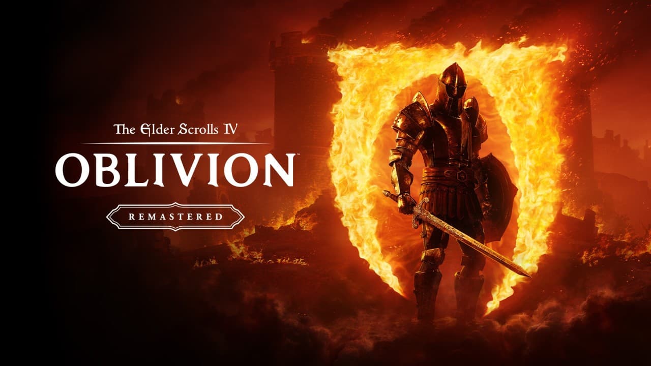 Official Oblivion Remastered artwork showing a warrior before an Oblivion gate
