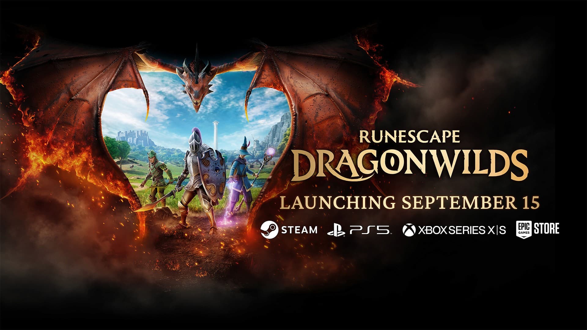 Official RuneScape Dragonwilds artwork showing adventurers facing a dragon in Ashenfall