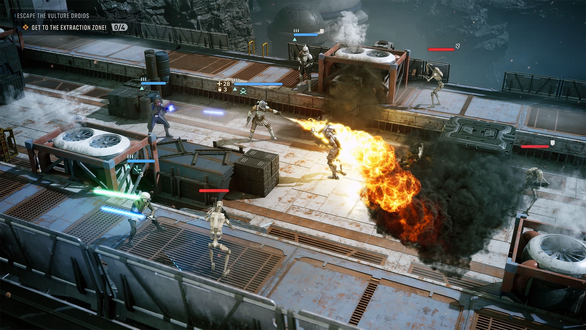 Official Star Wars Zero Company gameplay screenshot showing a turn-based battle against droids