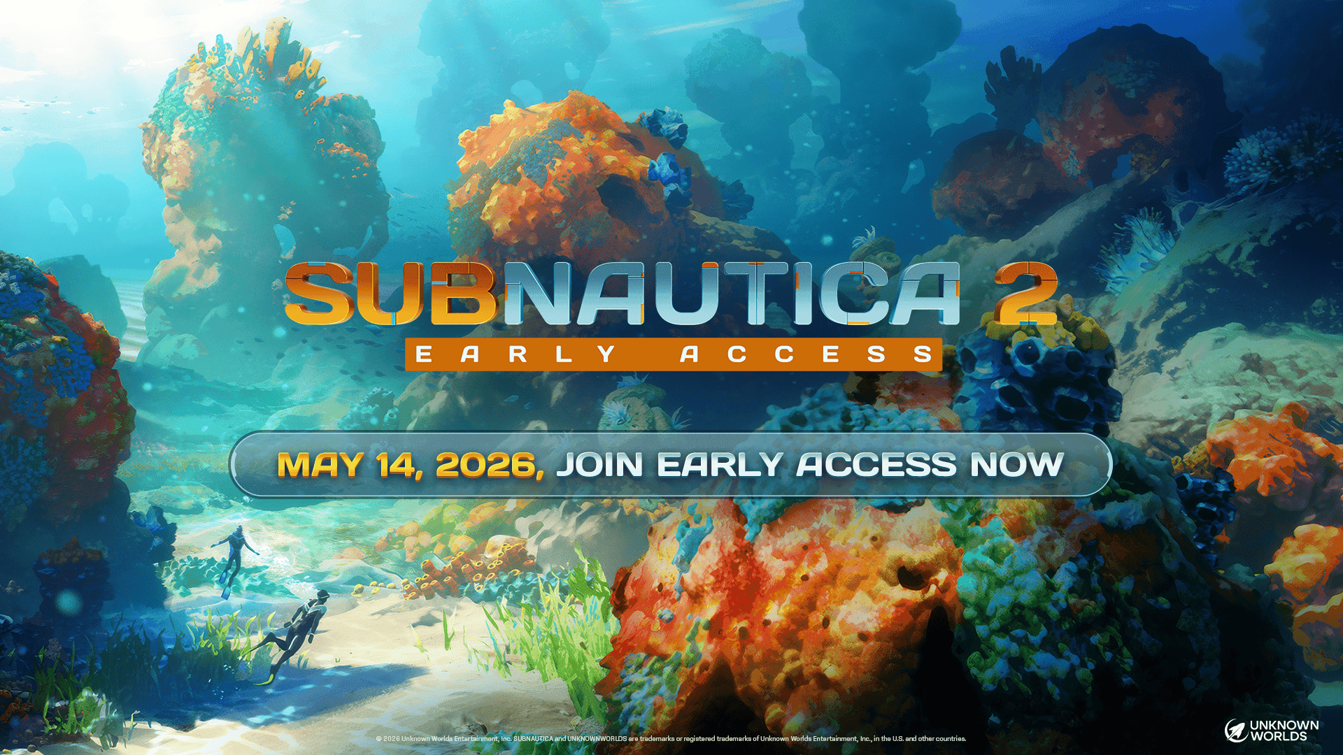 Official Subnautica 2 Early Access artwork showing divers and underwater creatures on an alien planet