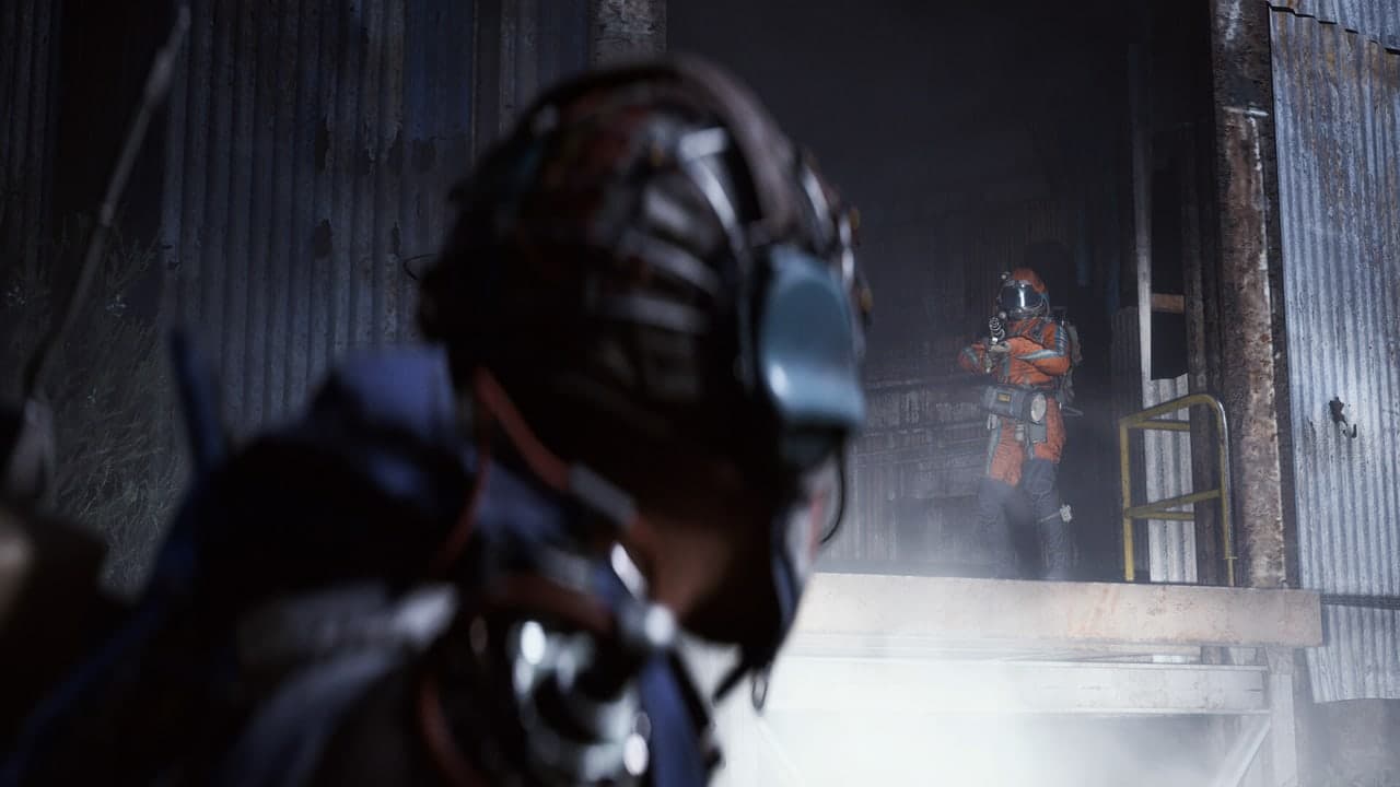 Two ARC Raiders face each other across a dim industrial doorway.