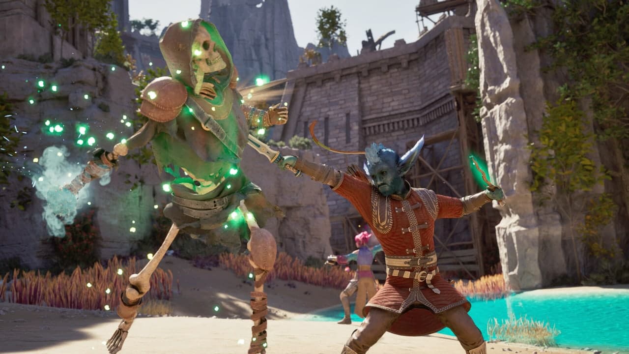 A companion confronts a glowing skeletal enemy in Avowed.