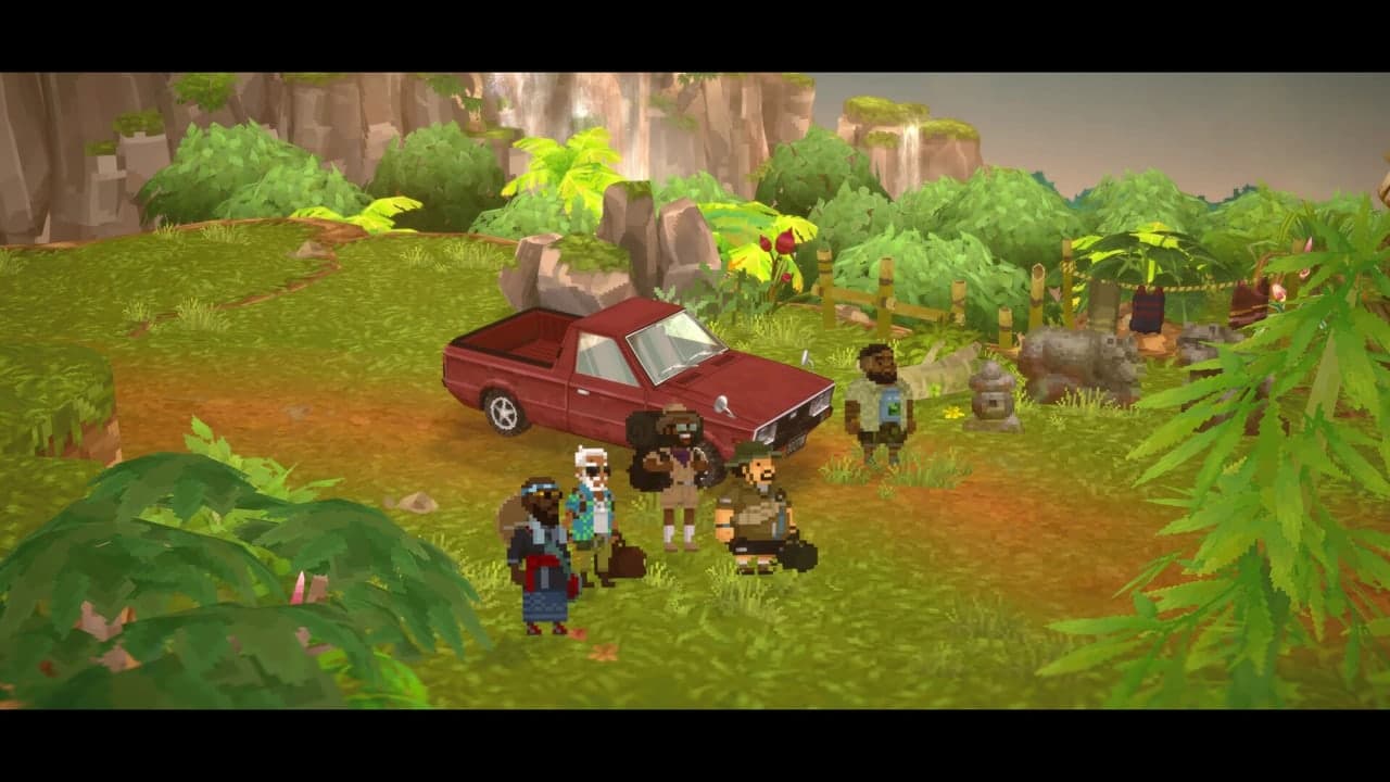 Dave and companions gather beside a vehicle in an In the Jungle cinematic.