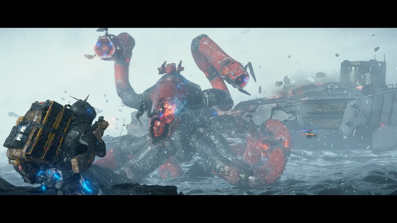 Sam confronts a large red mechanical enemy in a Death Stranding 2 promotional screenshot.