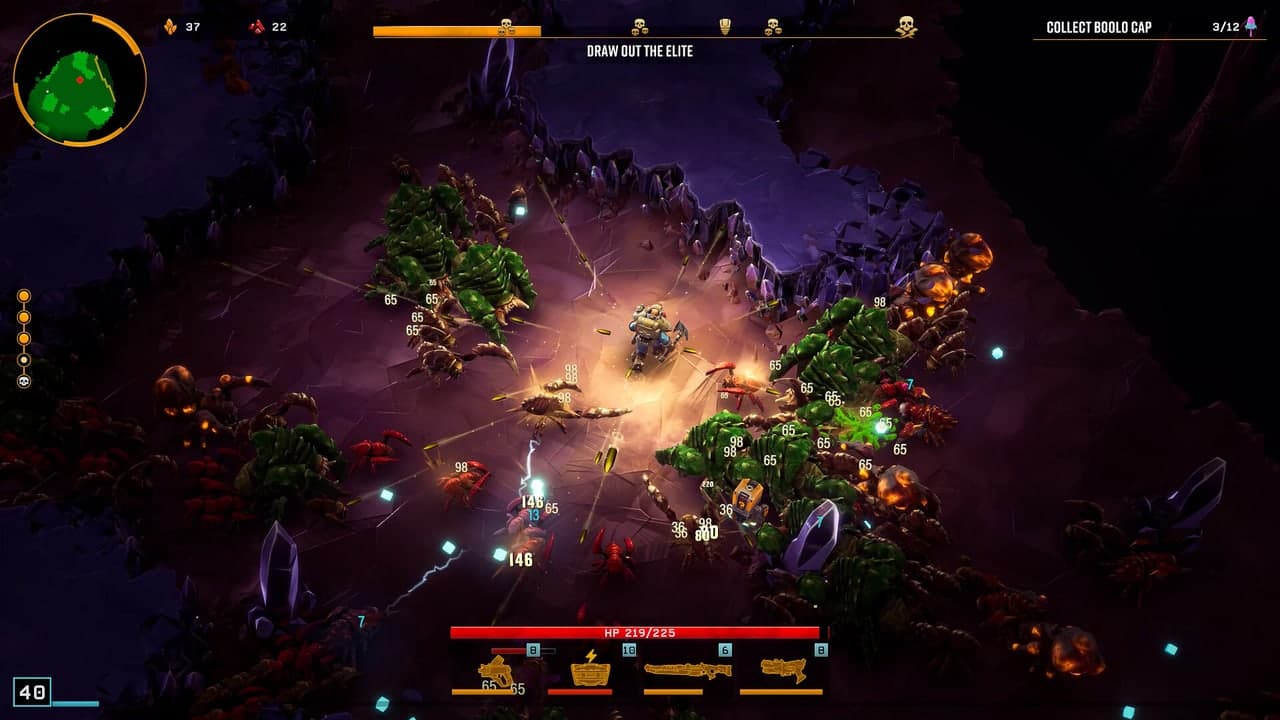 Top-down mining and approaching creatures in Deep Rock Galactic: Survivor.