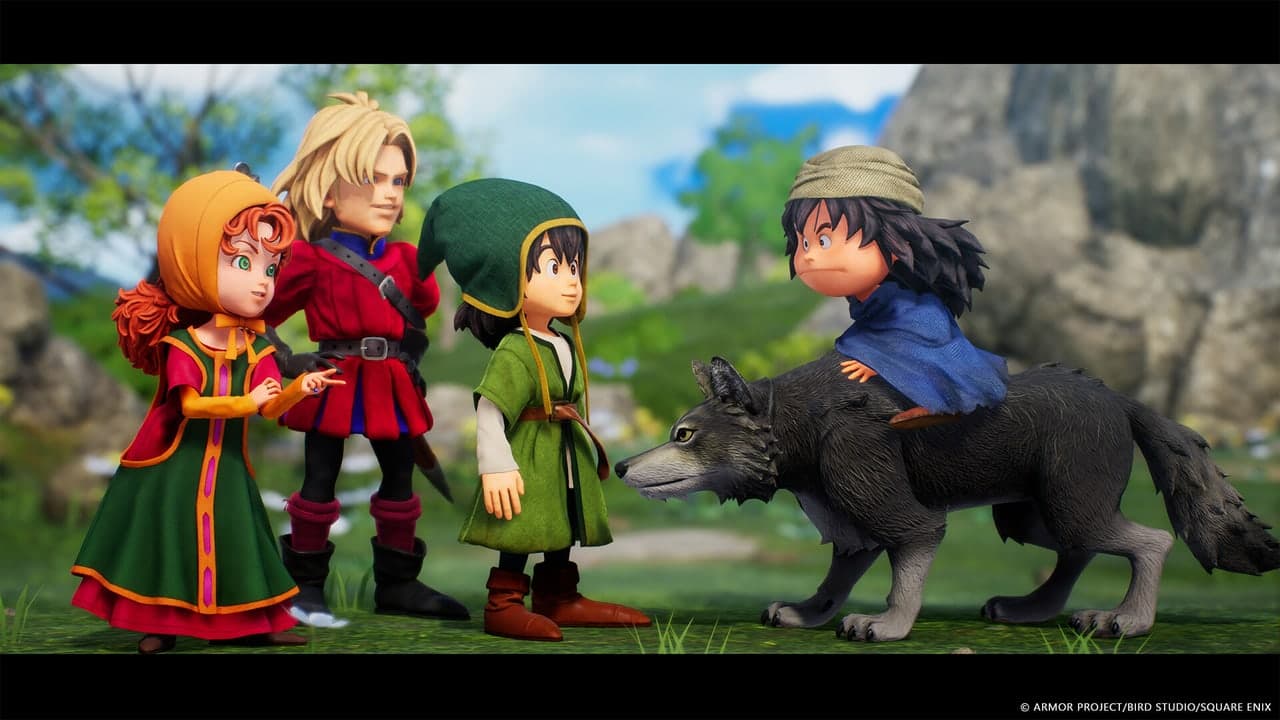 The party gathers beside a wolf in Dragon Quest VII Reimagined.