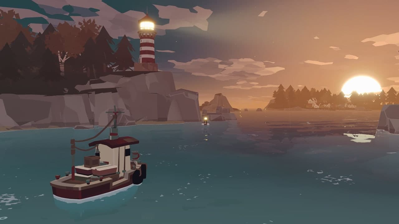 A fishing boat approaches a lighthouse at sunset in DREDGE.