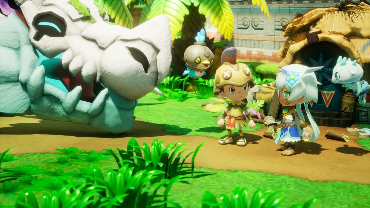 Adventurers and companions stand beside a large stone creature in Fantasy Life i.