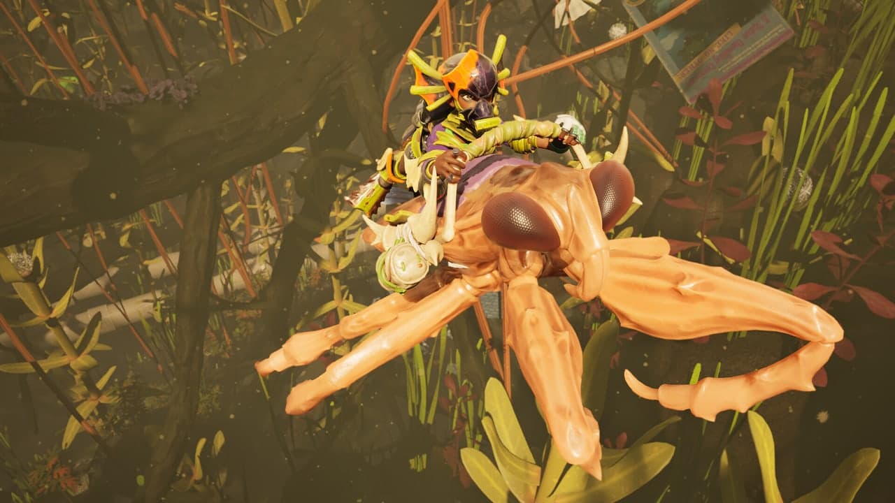 An armoured character rides a large winged insect in Grounded 2.