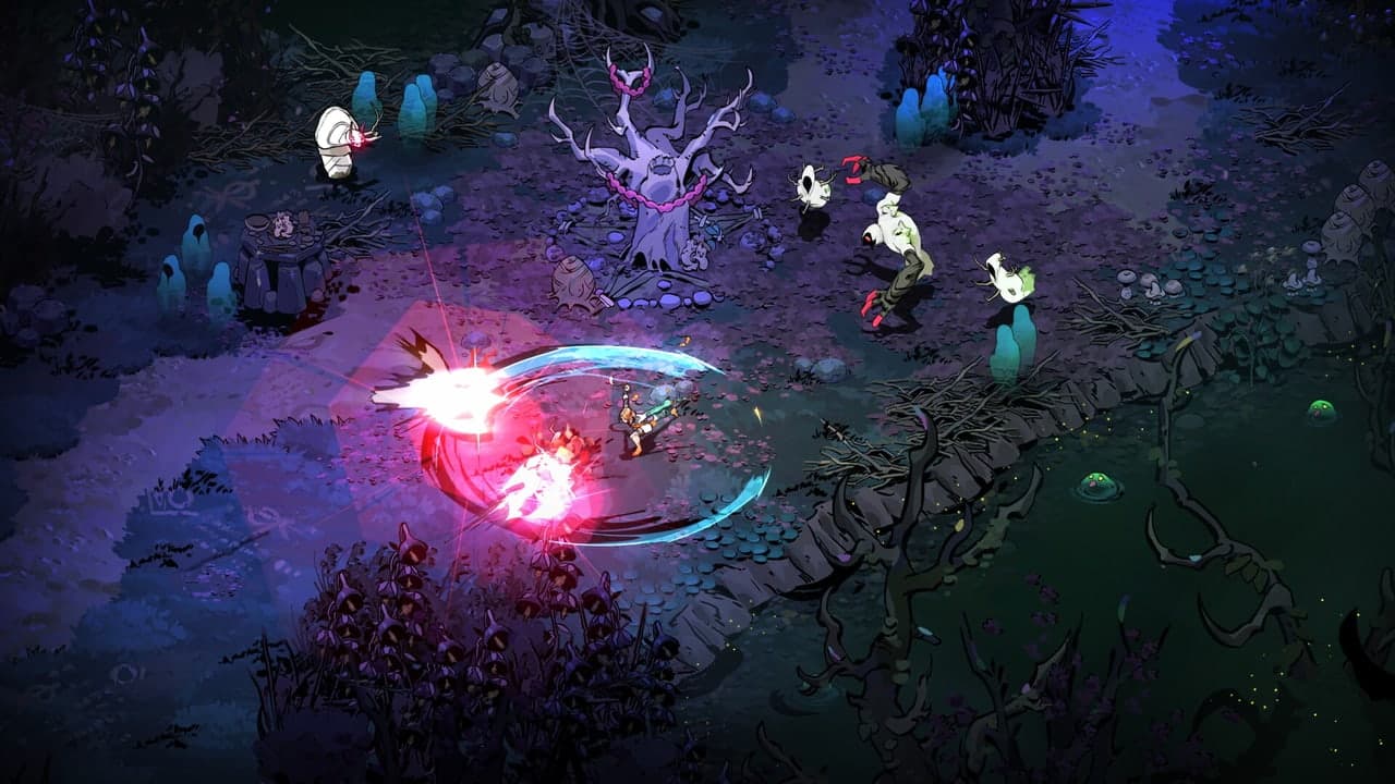 Melinoe attacks enemies beside a pale tree in Hades II.