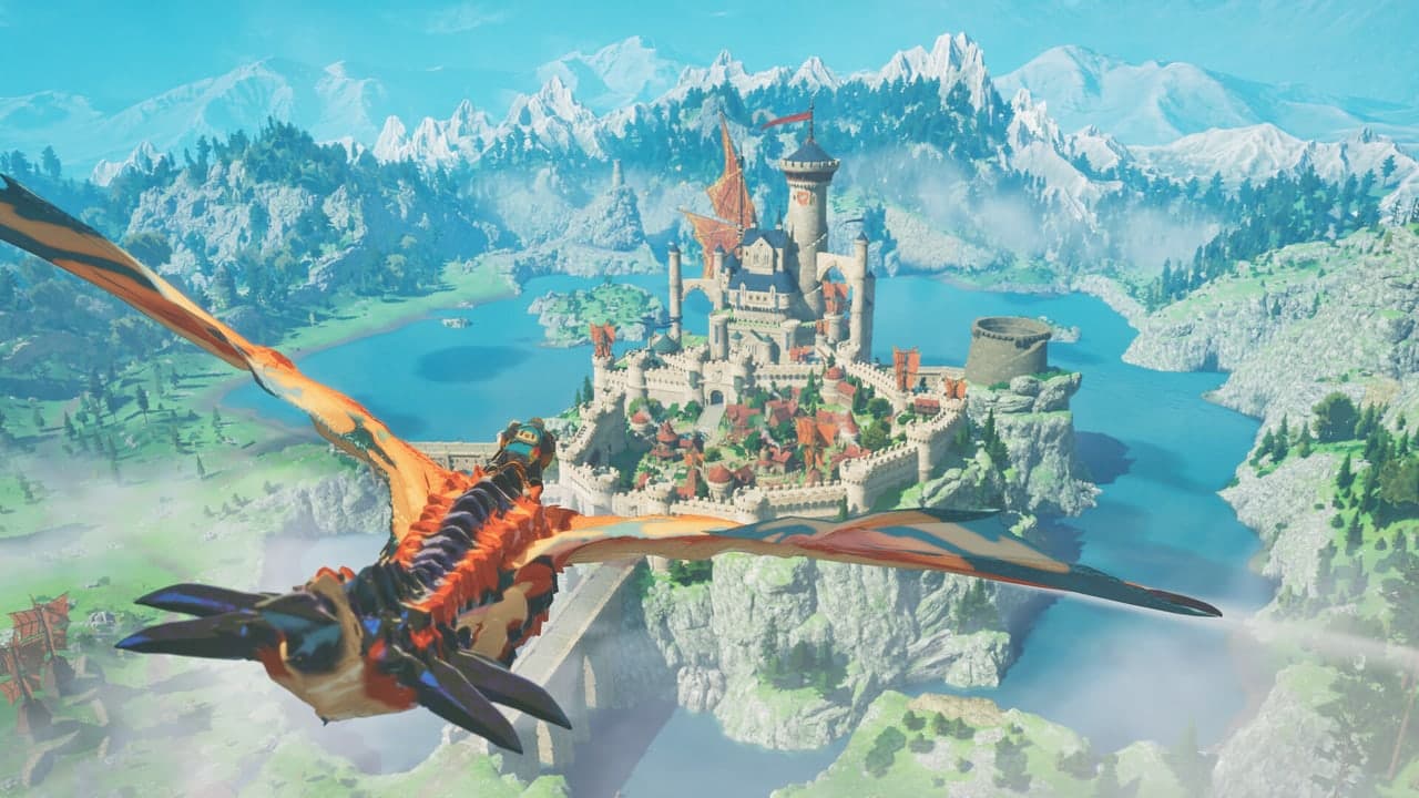 A Rider flies above a lakeside castle on a winged monster in Monster Hunter Stories 3.