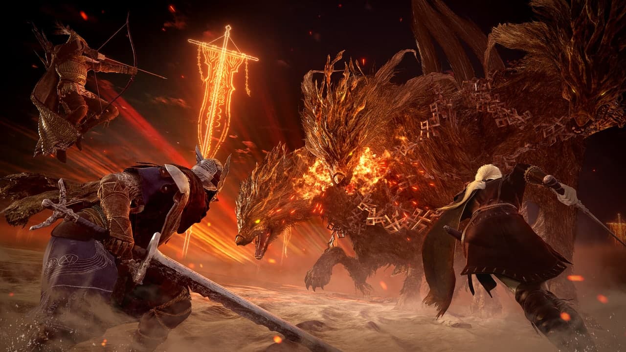 Three fighters confront a large burning creature in Elden Ring Nightreign.