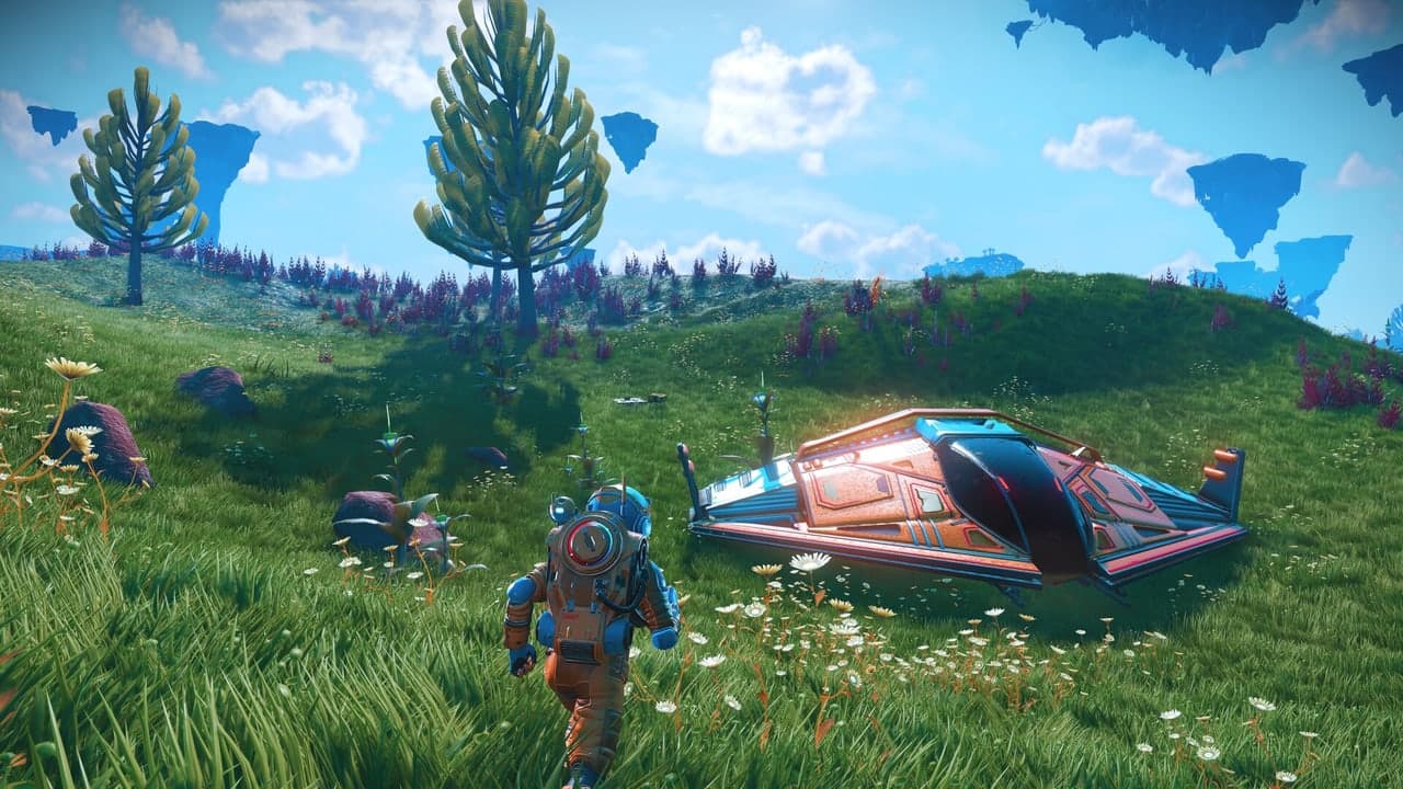 A traveller stands beside a starship on a grassy alien world in No Man's Sky.