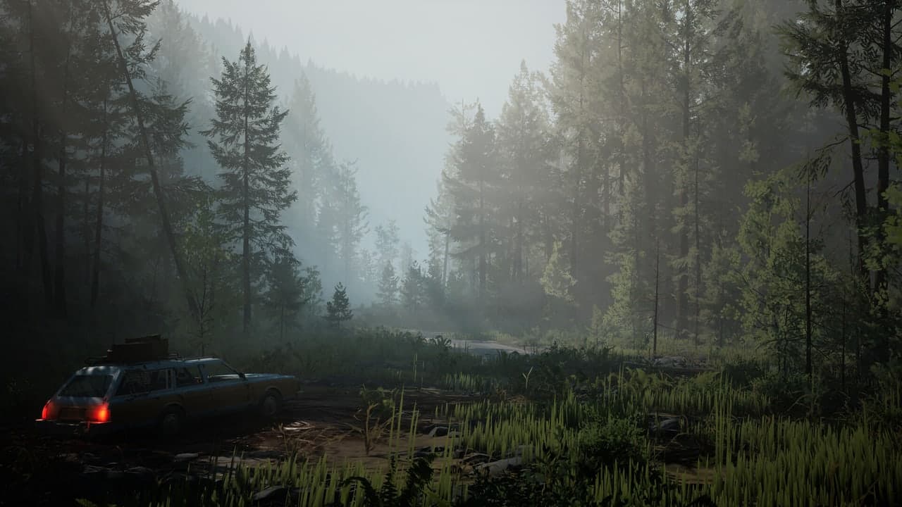 A station wagon stands in a misty forest in Pacific Drive.