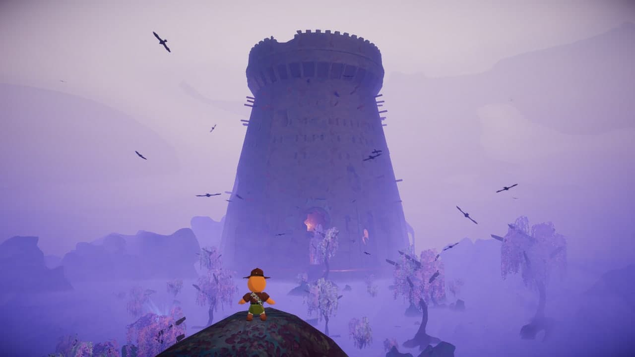 A scout looks towards a tall tower in mist in PEAK.