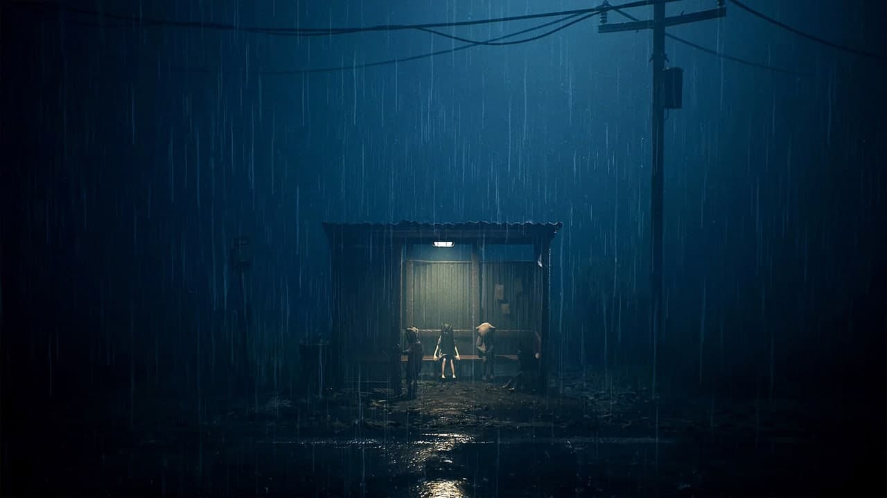 Two small figures stand outside a lit doorway in heavy rain in REANIMAL.