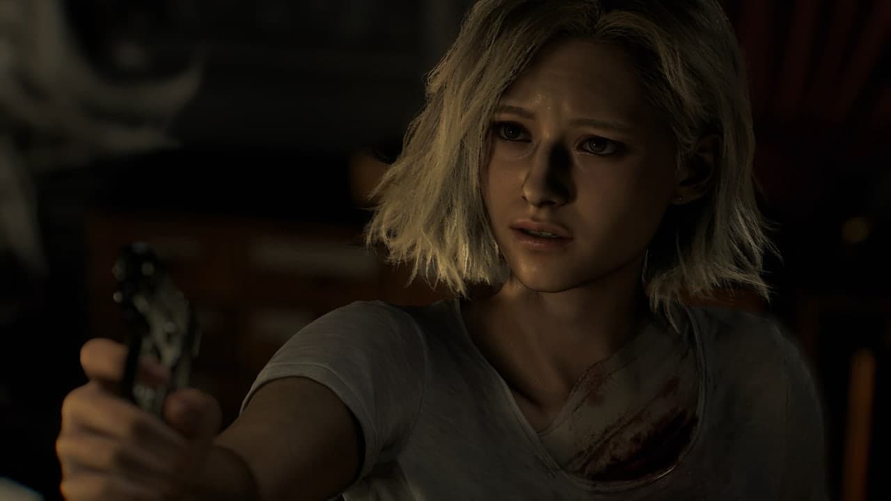 Grace holds a lighter in a dim room in Resident Evil Requiem.