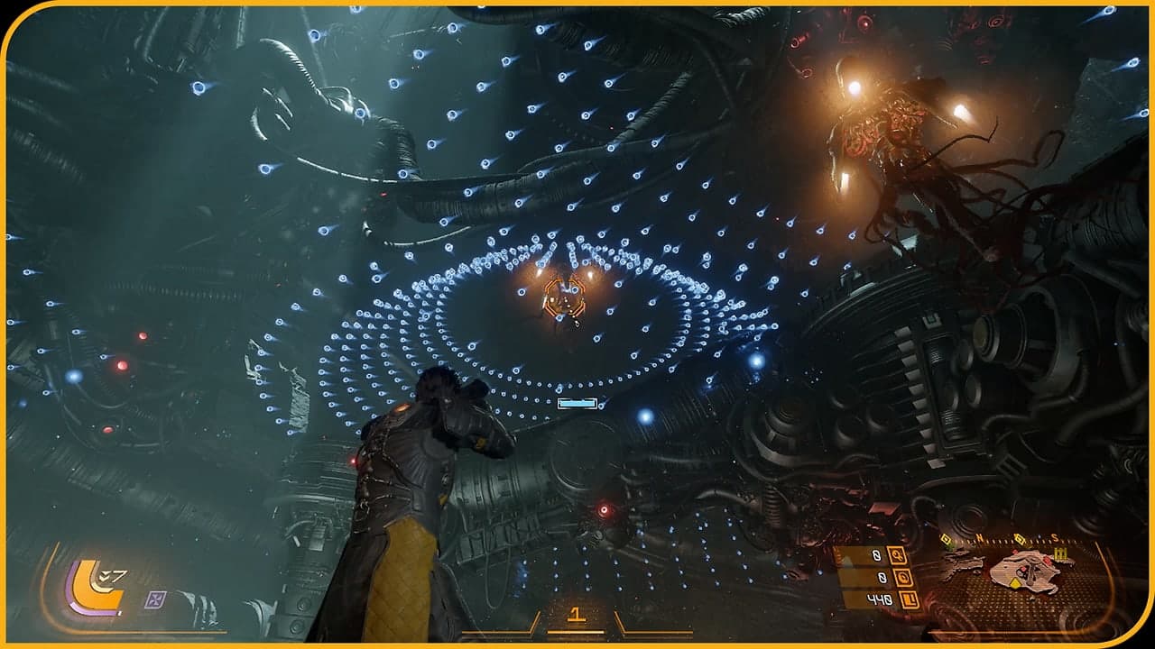 Arjun faces airborne enemies and rings of blue projectiles in an official Saros gameplay image.