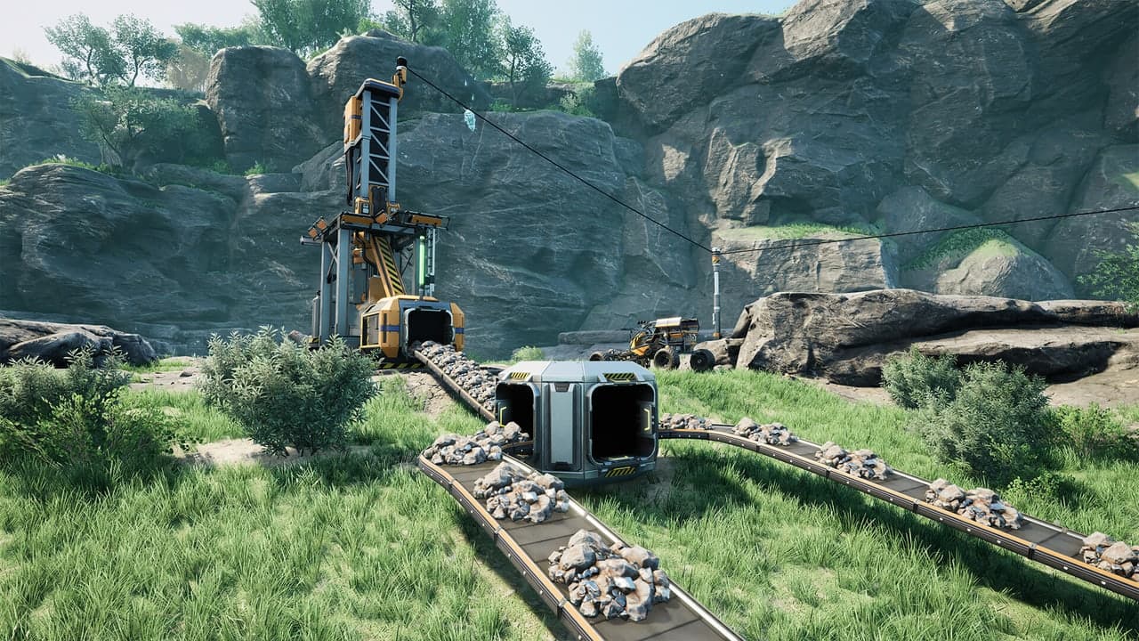 Conveyor belts carry stone between mining equipment in a rocky Satisfactory landscape.