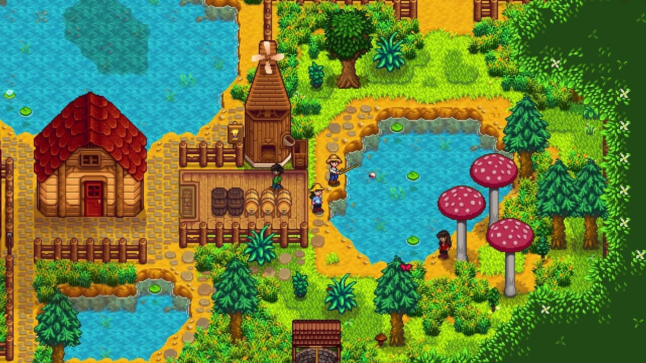 A Stardew Valley character fishes beside a pond, a cottage and giant mushrooms.