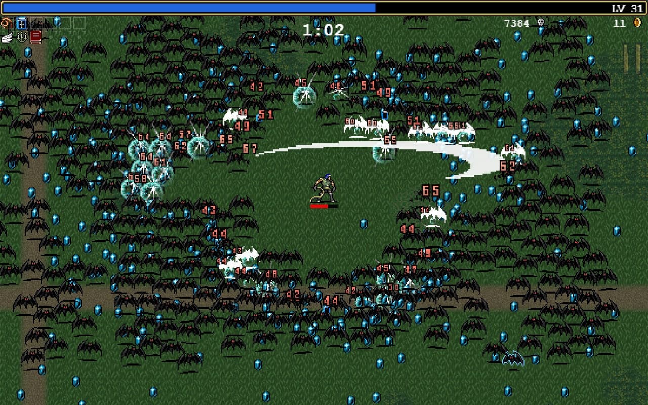 A Vampire Survivors character fights a dense swarm of bats on a grassy stage.