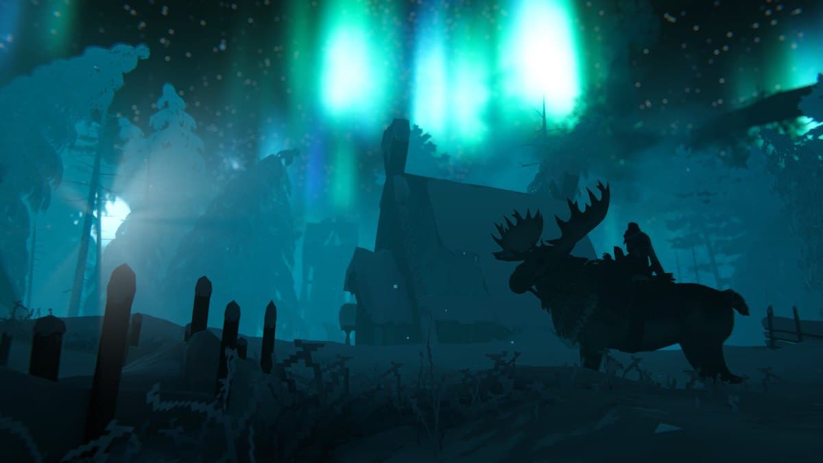 Official Valheim screenshot showing a northern landscape under an aurora