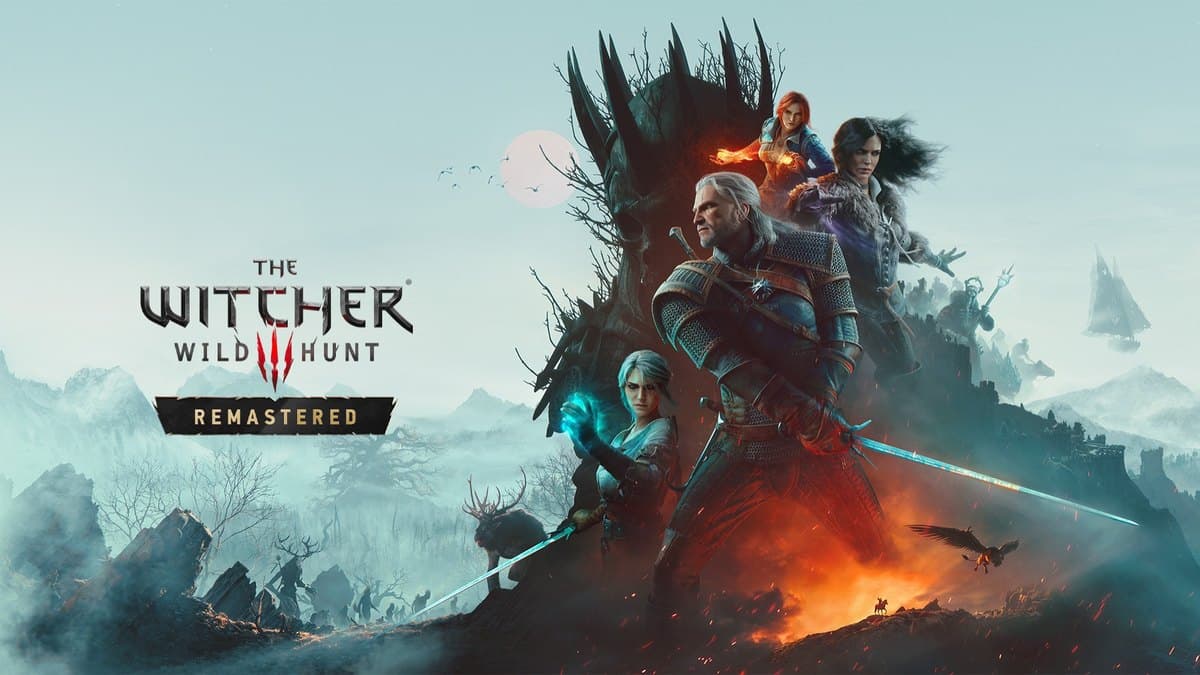 Official The Witcher 3 Wild Hunt Remastered key art showing Geralt and the remastered title